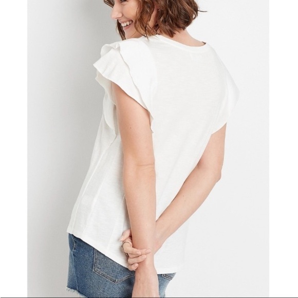 Maurices 24/7 Solid White Ruffle Sleeve Tee T-Shirt L Feminine Pretty Classic - Picture 3 of 16